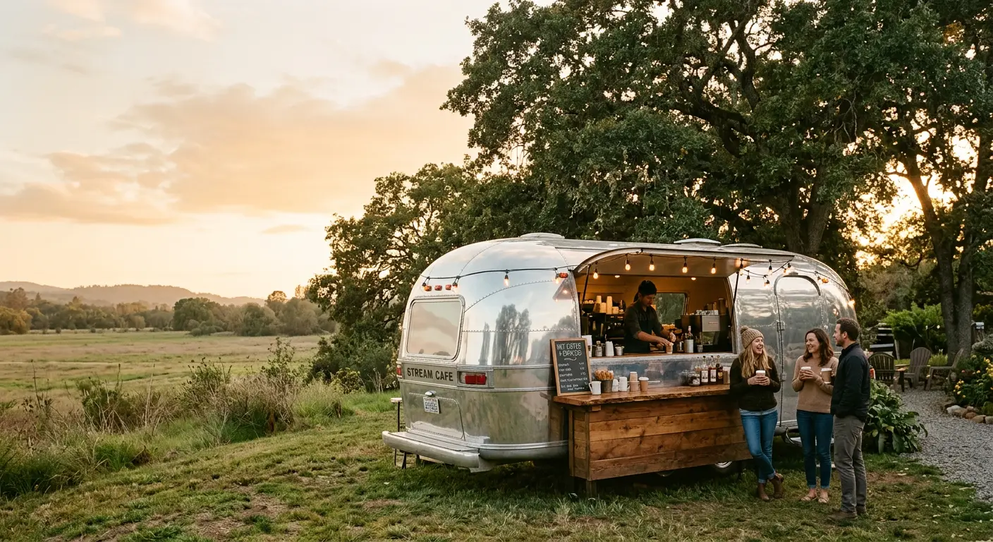 Bee's Coffee Co.'s polished chrome Airstream trailer serving coffee under the oaks at golden hour