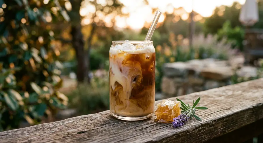 An iced honey lavender latte with honeycomb